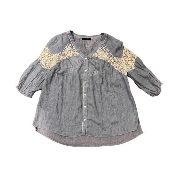 Chambray Lace Button Front Blouse 1X Relaxed Flowy Boho Chic Cottagecore Western - Picture 1 of 8